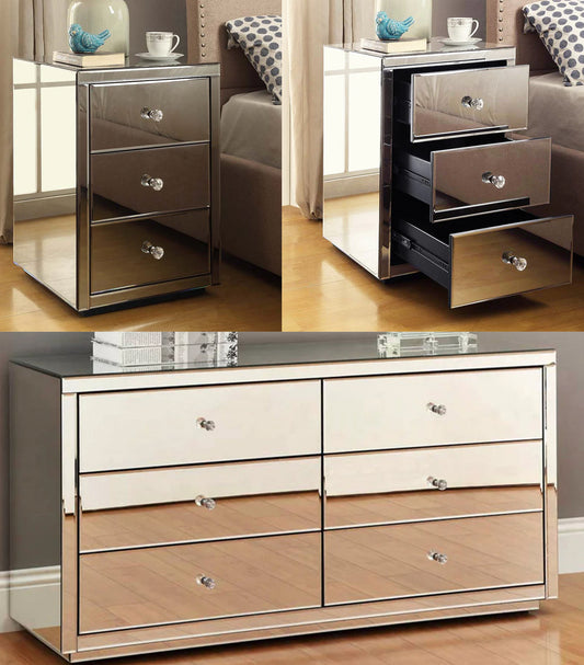 VENICE Mirrored Bedside Table (Pair) and Dresser Package