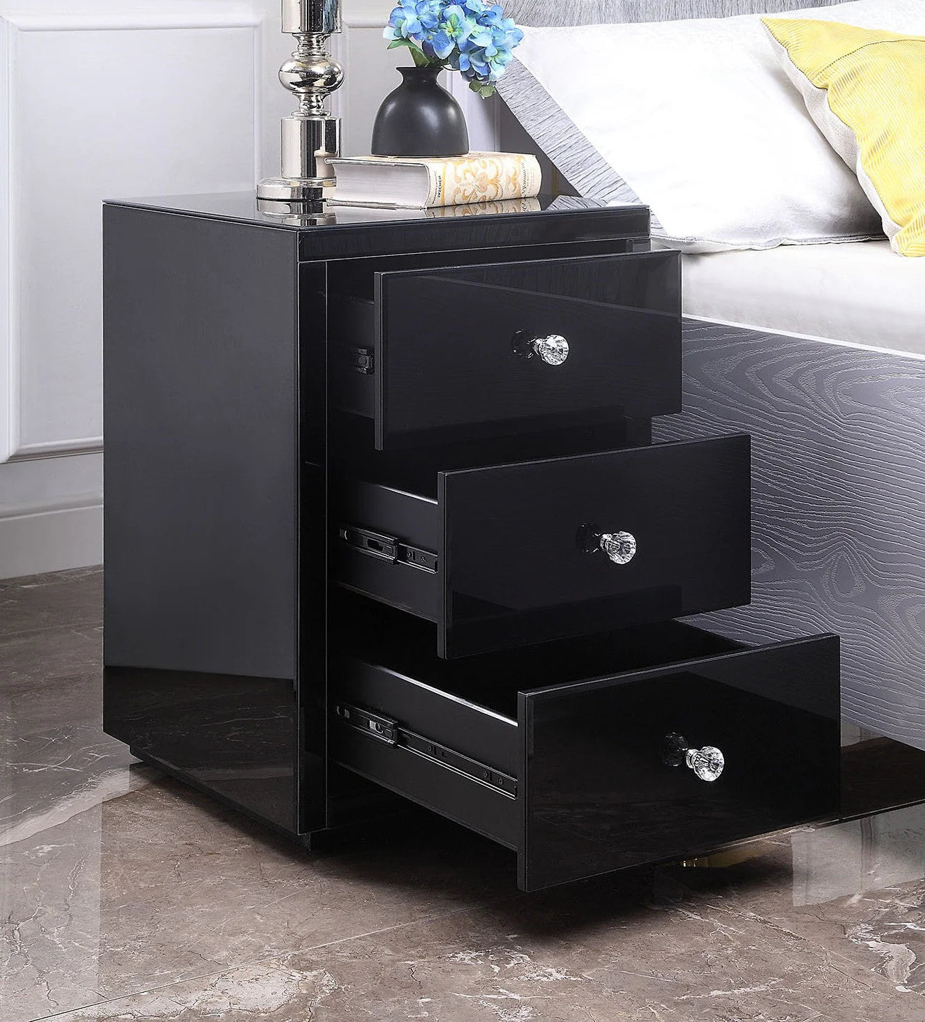 VENICE Black Glass Bedside Tables (Pair) and Dresser Package